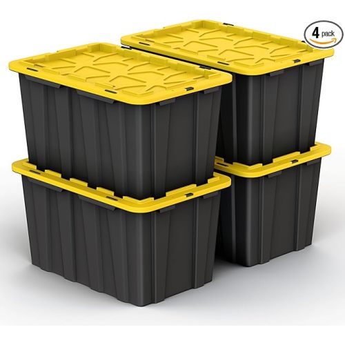4 PACK Large Black & Yellow Storage Bins | Plastic Tote Organizing Container with Secure Latching Lids, Stackable, Extra Strength with Built in Handle | Black and Yellow Bins | 24.5" x 16.5" x 13.5"