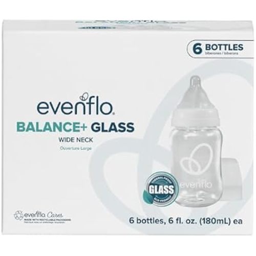 Evenflo Balance+ Glass Wide Neck Baby Bottles, Clear, 6 fl oz, 6 Pack