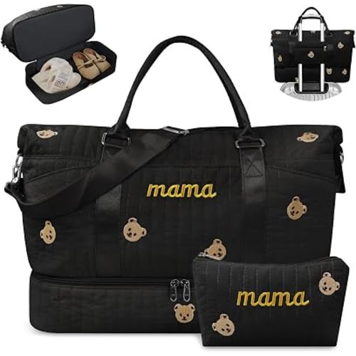 Mama Maternity Hospital Bag Essentials for Women Labor Delivery Baby Diaper Organizer with Shoe Compartment & Toiletry Pouch Travel Duffle Bag for Pregnancy Mommy Weekender Overnight Gifts,Black Bear