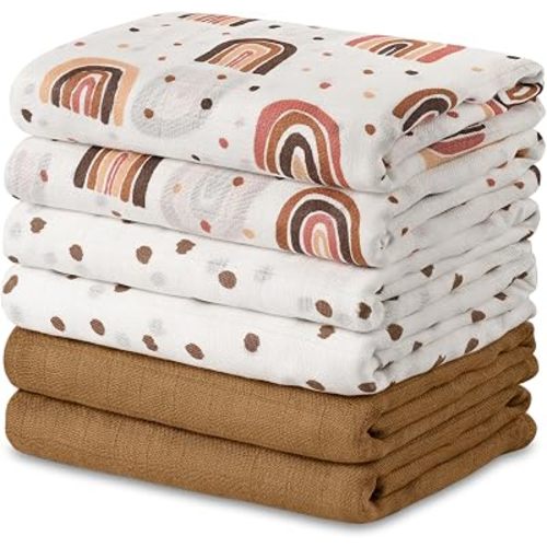 GLLQUEN BABY Receiving Blanket Boy Cotton Muslin Swaddle Blankets Girl Newborn Squares Breathable & Soft Thin Baby Blankets Cloths Double Absorbent Infant Swaddling Wrap - 6 Pack (Rainbow)