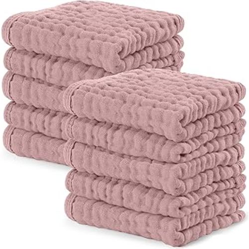 Comfy Cubs Muslin Baby Washcloths 10 Pack - Soft 6-Layer Cotton Wash Cloths for Sensitive Skin - 10"x10" Large, Gentle, Absorbent Infant Essentials for Newborn and Toddlers - Mauve