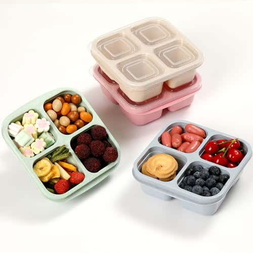 4 Pack Meal Prep Containers, 4 Compartment Bento Snack Boxes, Reusable Divided Lunch Box Containers for Adults, Kids, Toddlers, Travel, Work, School