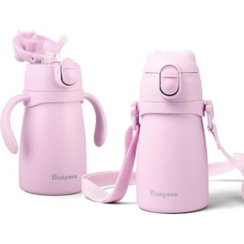 Stainless Steel Straw Sippy Cup for Toddlers 1-3 Years Old, Insulated Toddler Water Bottle Baby Training Tumbler with Handles & Strap, 9oz Kids Straw Cups for Travel Daycare, Pink Bear 1-Pack