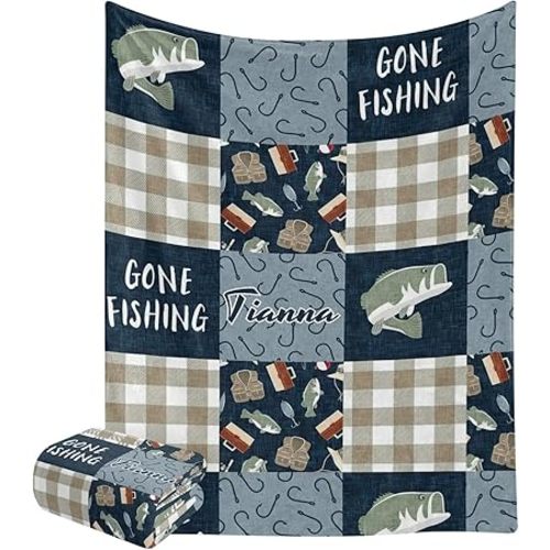 Personalized Gone Fishing Fisherman Plaid Blanket with Name Text Custom Super Soft Fleece Throw Blankets for Couch Sofa Bed 50 X 60 inches