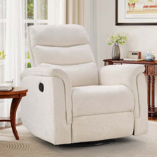 Ebello Manual Fabric Swivel Rocker Recliner, Silent Nursery Glider Chair with Soft Armrests & Backrest for Bedroom Apartment Living Room, Beige