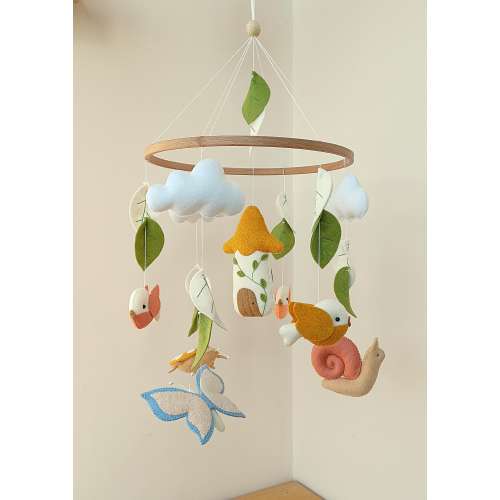 Felt Baby Mobile Snail, Butterfly, Birds, Ladybug, Clouds, Fairytale Nursery Decor