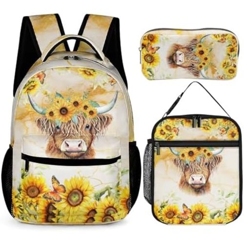 Cute Highland Cow School Backpack with Lunch Box & Pencil Case