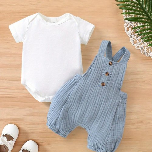 Boys' Long Sleeve Solid Color Top + Suspender Jumpsuit Two-Piece Set, Perfect for Outdoor