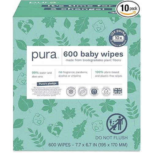 Pura Natural Sensitive Baby Wipes, 99% Water, Unscented & Hypoallergenic, Suitable for Sensitive & Eczema-prone Skin, Hypoallergenic, EWG Verified, 10 Pack of 60 Wet Wipes (600 Diaper Wipes) Bulk Buy