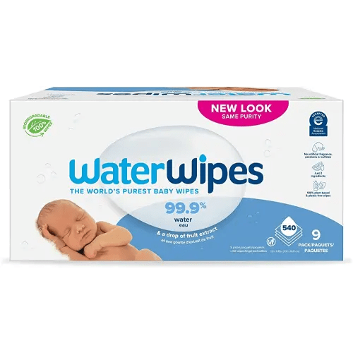 WaterWipes Plastic-Free Original Baby Wipes, 99.9% Water Based Wipes, Unscented & Hypoallergenic for Sensitive Skin, 540 Count (9 packs), Packaging May Vary