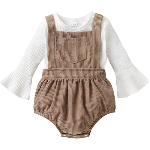 Tiny Cutey Newborn Baby Girl Clothes Bell Sleeve Romper and Corduroy Overalls Shorts Infant Girl Fall Outfits