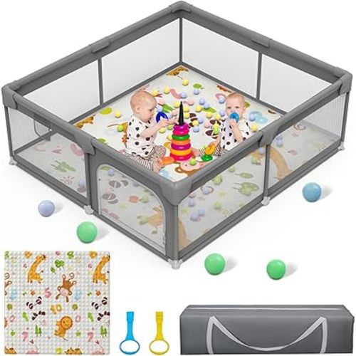 Palopalo Baby Playpen with Mat, 51''x51'' Extra Large Playard for Babies and Toddlers, Baby Activity Center with 8 Suction Cup Bases, Soft Breathable Mesh Infants Play Pen