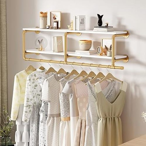 ORSENIGO Industrial Pipe Clothing Rack with Shelves, Gold Wall Mounted Clothes Rack Heavy Duty Display Garment Rack for Home Retail