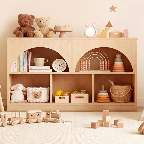 2-Shelf Bookcase, Arched Design Wooden Toy Storage Organizer and Storage for Books Toys, 5-Section Montessori Bookshelf for Kids Rooms, Playroom, Nursery, Kindergarten (Natural)