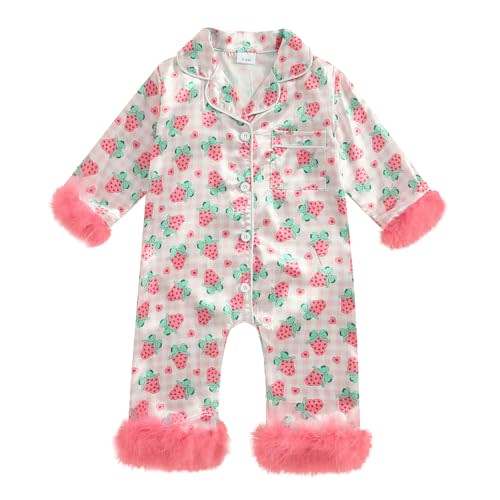 woshilaocai Baby Girl Button Down Romper Bow Strawberry Fuzzy Cuff Long Sleeve Jumpsuit Spring Summer Clothes