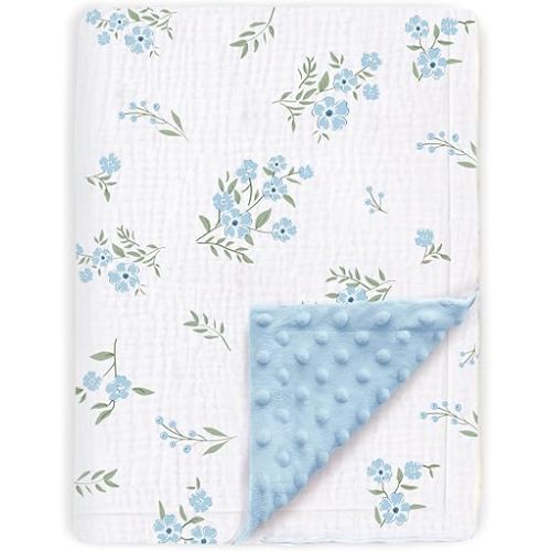 BOPRIO Baby Blankets for Unisex Boys Girls Super Soft Nursery Minky Blankets with Breathable Muslin Cotton Front and 3D Touch Dotted Fleece Backing, Blue Floral Printed Bed Throws Newborn 30 x 40 Inch