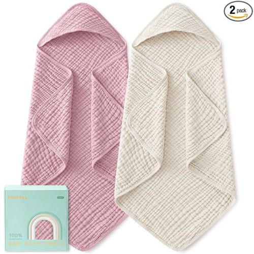 Yoofoss Hooded Baby Towels for Newborn 2 Pack 100% Muslin Organic Cotton Baby Bath Towel with Hood for Babies, Infant, Toddler and Kids, Large 32x32Inch, Soft and Absorbent Newborn Essential