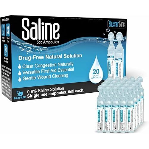 Saline Ampoules Saline Solution, Sodium Chloride 0.9%, 20 Count (5mL Each)