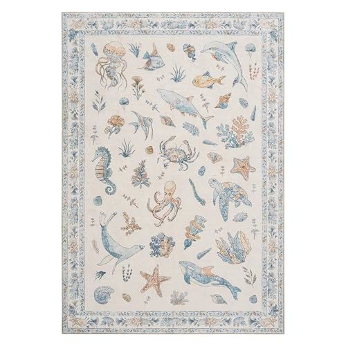 Soft Marine Animal Washable Faux Wool Stain Resistant Rug Rubber Non-Slip Backing for Playroom Bathroom Living Room Bedroom Bedside Beachy Cute Coastal Nautical Nursery Rug (Blue Multi, 5' x 7')