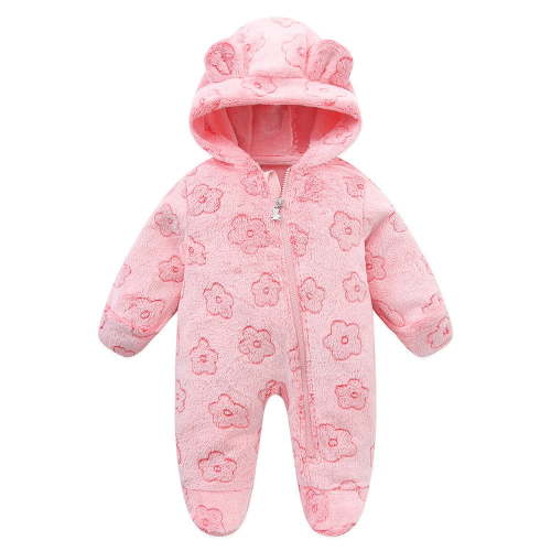 Staki Footies for Babies Fluffy Baby Girl Winter Romper Onesie Plush Hooded Long Sleeve Jumpsuit Bodysuit Fall Clothes(Pink,3-6 Months)