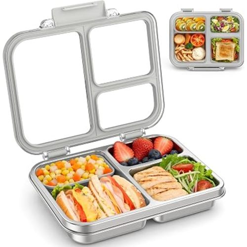 BABHAMNESS Stainless Steel Bento Lunch Box for Kids Adults, 3 Compartments Metal Bento Box with Transparent Lid & Silicone Container for Kids,Dishwasher-Safe,School & Travel,BPA-Free(Grey)