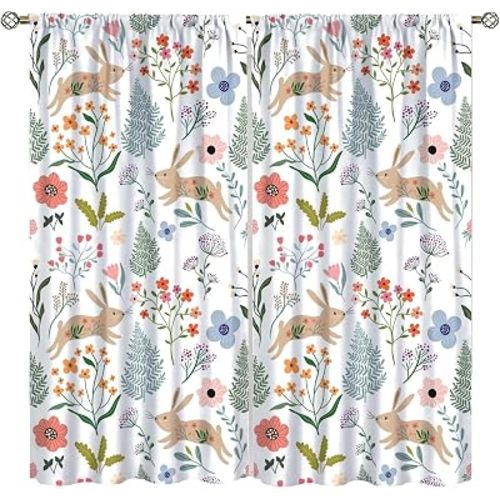 Animal Blackout Curtains,Rabbit Flower Leaf Fairytale Forest Backdrop Decor Drapes,Rod Pocket Insulated Window Curtains for Bedroom Girls Room Nursery Set 2 Panels,42x45 Inches