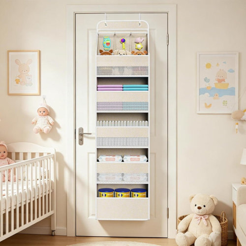 August Grove® 6-shelf Over Door Hanging Organizer With 5 Large Front Pockets, Fabric Baby Storage Organizer For Nursery Essentials, Toys, Diapers & Accessories, Beige | Wayfair