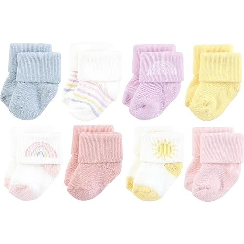 Hudson Baby Baby Infant Girl Cotton Rich Newborn and Terry Socks, Pastel Sun and Rainbow, 0-6 Months, Pink