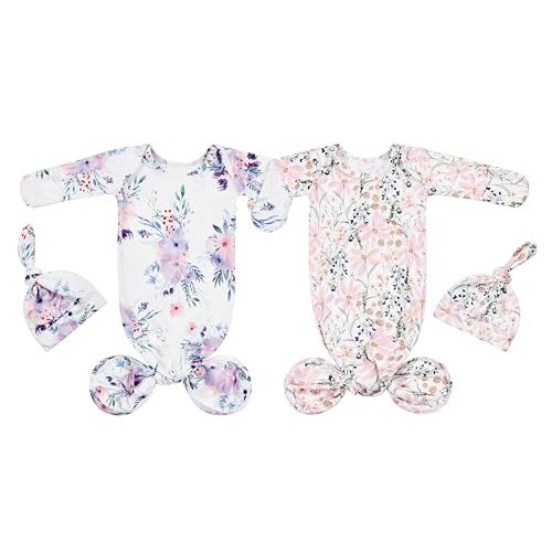 Vollmic Newborn Baby Knotted Gown Sleeper Gown with Mittens Long Sleeve Nightgown Baby Coming Home Outfit with Hat 2 Pieces