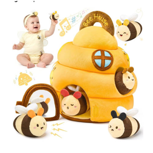 Baby Toys 6-12 Months - Beehive Infant Toy with 5 Sensory Bees Stuffed Animals, Crinkle, Rattle, Mirror & Music, Montessori Toys for 6 7 8 9 10 11 12 Month Old Baby Boys Girls Birthday Christmas Gift