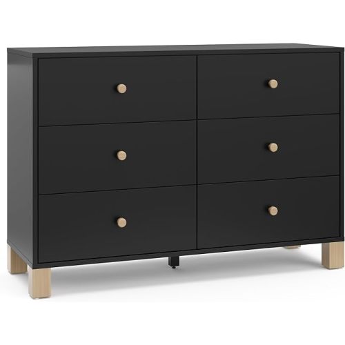 Storkcraft California 6-Drawer Double Dresser (Black with Driftwood) - GREENGUARD Gold Certified, Interlocking Drawer System, Dresser Drawer Organizer for Kids Bedroom