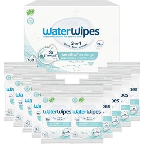 WaterWipes Sensitive+ On The Go Wipes, 3-In-1 Cleans, Cares, Protects, 99.9% Water, Unscented & Hypoallergenic Wet Wipes, 100 Count (10 Packs)