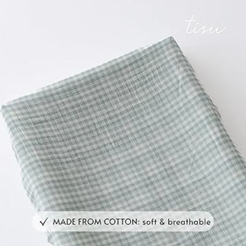 TISU Gingham Diaper Changing Pad Cover, 16 x 32 inches, Soft Muslin Cotton, Elastic Band, Check Pattern (Light Mint Gingham)