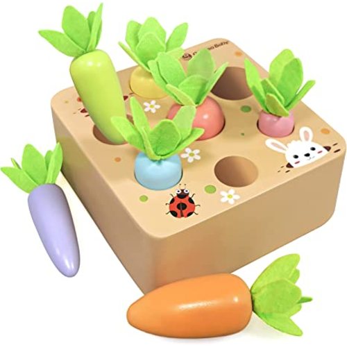 KMTJT Montessori Toys for 2 3 Year Old Toddlers, Macron Carrot Harvest Game Wooden Toys for Baby Boys and Girls, Educational Learning Shape Sorting Matching Gifts for Babies