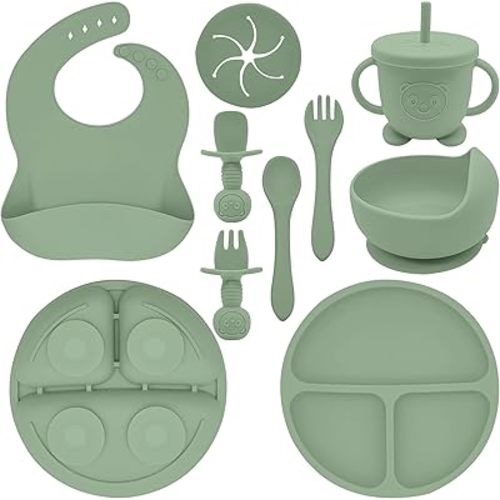 Silicone Baby Feeding Set | 9 PCS Baby Led Weaning Supplies Feeding Utensils | Divided Suction Plate Bowl Bib Cup Baby Spoons Forks | Toddler Eating Essentials-6+ Months (Light Green)