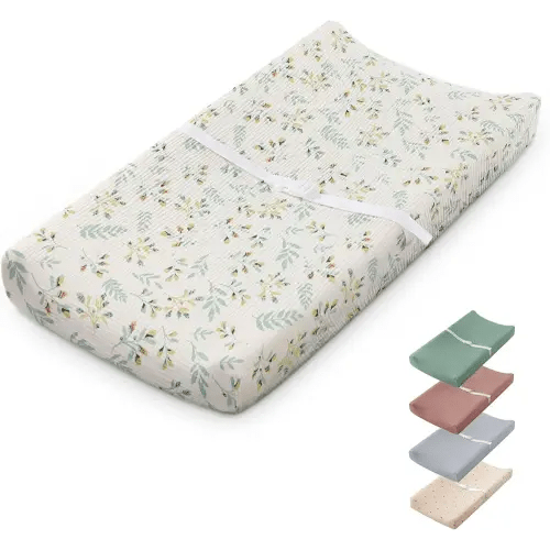Blissful Diary Muslin Baby Changing Pad with Waterproof Lining Foam, Diaper Changing Table Pad with Cover for Dressers (Botanical Leaf, Rectangular)