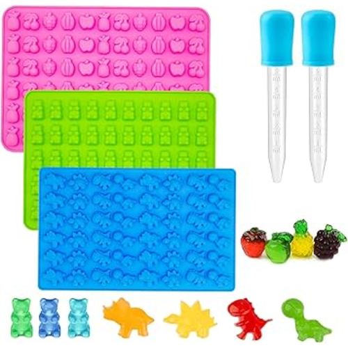 3Pcs Gummy Candy Molds - Silicone Mini Gummy Bear/Dinosaur/Fruit Snack Molds with 2Pcs Dropper,Non-stick and Bpa Free for Candy Chocolate Gummies Baking