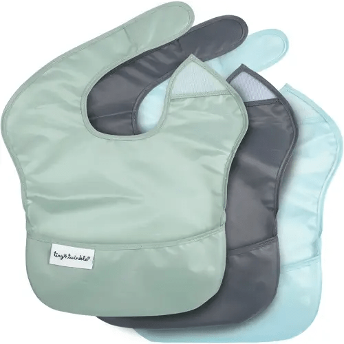 Tiny Twinkle Mess Proof Baby Bibs for Eating – Waterproof, Wipeable Toddler Bibs with Pocket – Baby Food Bibs for Girls & Boys(3 Pack,Sage, Charcoal)