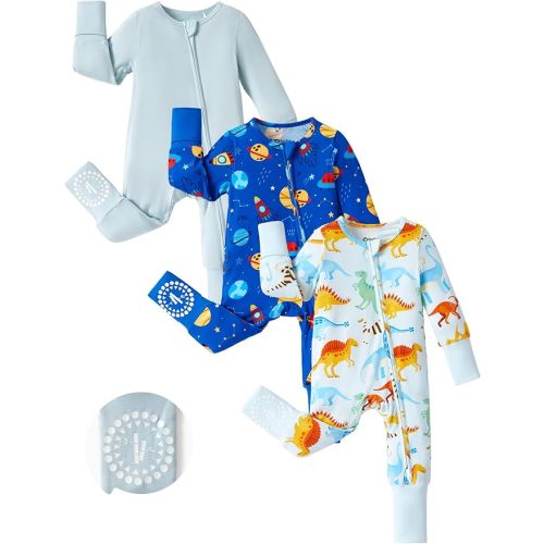 PATPAT Baby Footies Boys Girls - Bamboo Viscose - Zipper & Non-Slip Soles Romper Mitten - Footed & Footless Infant Clothes
