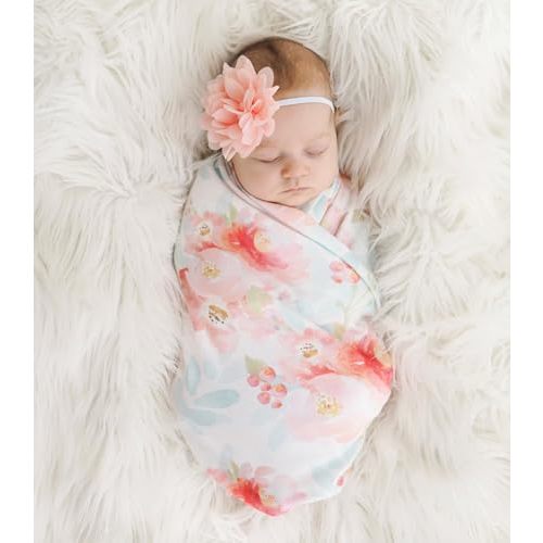 Giggle Angel Baby Receiving Blanket Swaddle Blanket Infant Wrap with Matching Headband Beanie and Name Card (White and Pink)
