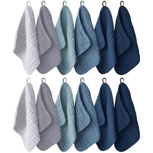 Ease Cubs 12 Pack Muslin Washcloths for Baby - 100% Cotton Baby Wash Cloths for or Baby Face Body Comfy and Soft for Newborn Infants Kids Girls and Boys - 12"x12" - Slate, Grey and Navy Series