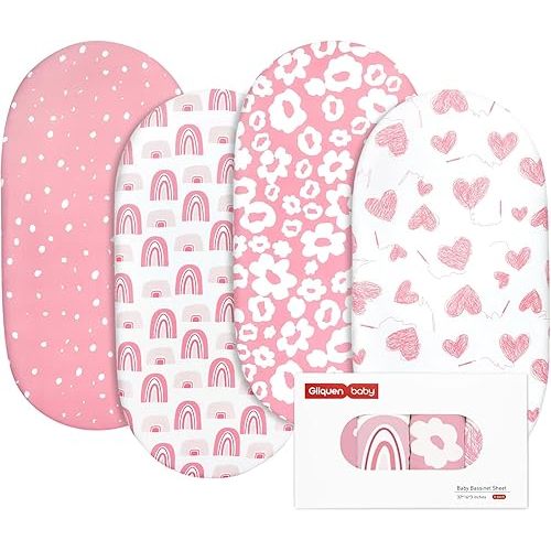 Gllquen Baby Bassinet Sheets 4 Pack, Breathable Cozy Fitted Mattress Sheet, Elastic Travel Crib Fashionable Floral Pattern, Standard Cradle Safe Sheets for Baby Boys Girls 32"x16"(Love)