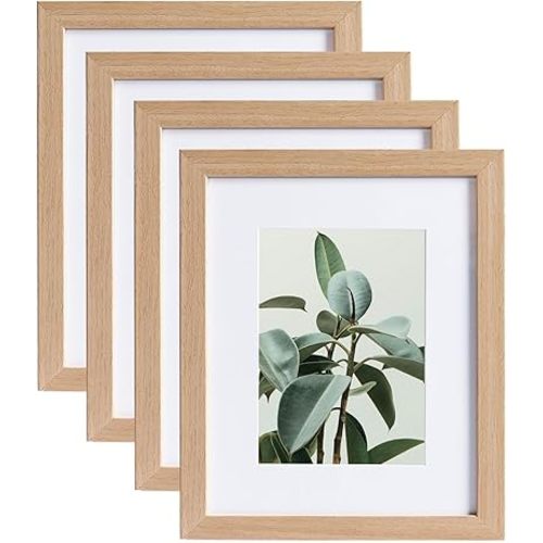 8 x 10 Solid Wood Picture Frame with Tempered Glass Set of 4, Natural Wooden Photo Frame with Mat to 5" x 7" & 4" x 6" Picture for Tabletop and Wall Mounting, 8 by 10 Wood Frame, Light Wood