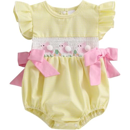 MoZiKQin Baby Girl 4th of July Outfit Newborn American Flag Bubble Romper Bowknot Ruffle Bodysuit Smocked Baby Clothes