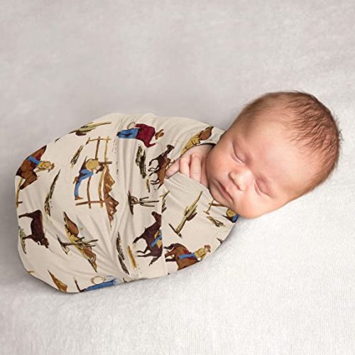 Sweet Jojo Designs Wild West Cowboy Baby Boy Swaddle Blanket Jersey Stretch Knit for Newborn or Infant Receiving Security - Red, Blue, Tan Western Southern Country Horse