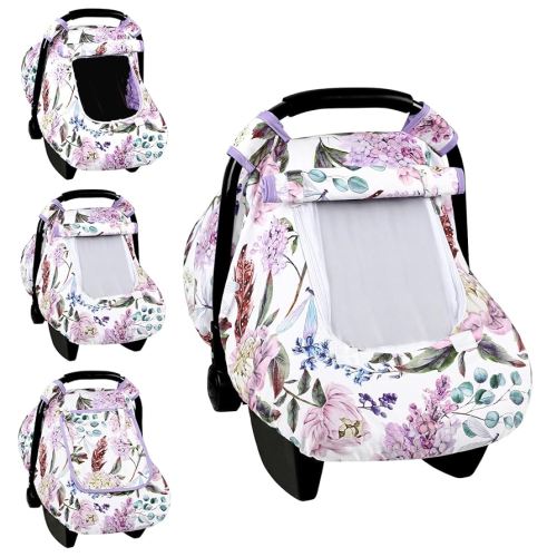 Car Seat Cover Baby, HNHUAMING Infant Car Seat Covers Canopy for Baby Girl Boy, Cozy & Windproof Newborn Carseat Covers Minky Dot Backing Stroller Cover with Breathable Mesh Window, Purple Floral