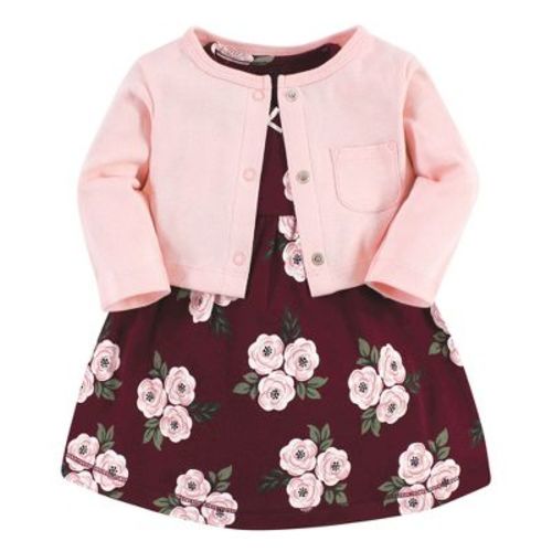 Hudson Baby Baby Girls Cotton Dress and Cardigan Set, Burgundy Floral, 6-9 Months