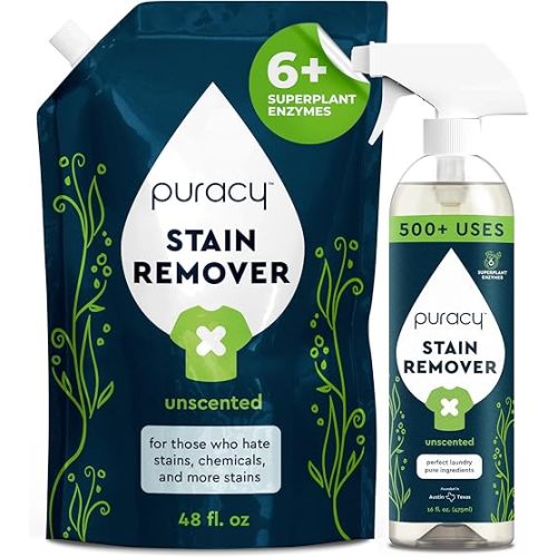 Puracy Stain Remover, Travel and Laundry Stain Cleaner for Clothes, Baby Essentials, Kids Stains, Oil and Fabric Spot Cleaner, (Stain Remover Spray and Refill, 64 fl oz)