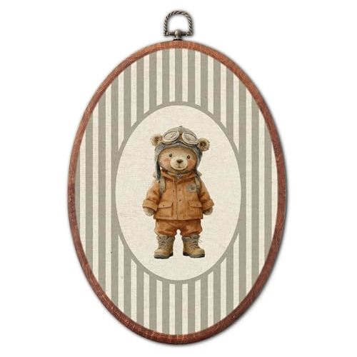 XSTWLJ Vintage Aviation Bear Boy Nursery Oval Wall Art, Grey Striped Canvas Prints Framed, Retro Decor Wall Art Hanging Decor for Bedroom Kids Toddler Room Playroom Decoration, 8.6x11.4 Inch