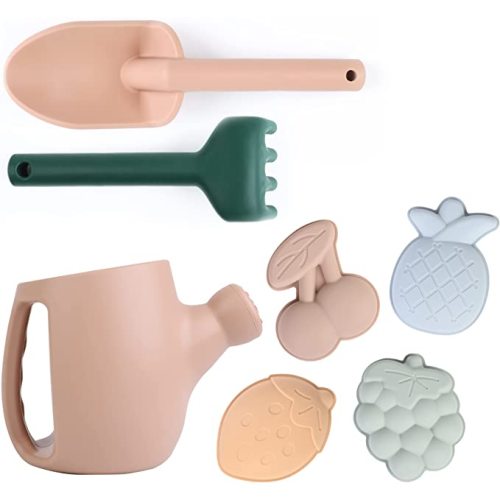 BLUE GINKGO Toddler Gardening Tools - Silicone Beach Toys, Garden Toys for Toddlers | Kids Shovel and Rake Set, Watering Can, Sand Molds | Outdoor Baby Gardening Set (Sand Pink)